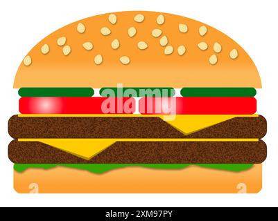 Un double cheeseburger avec des cornichons, des tomates et de la laitue est vu sur un pain de graines de sésame dans une illustration graphique en 3D. Banque D'Images