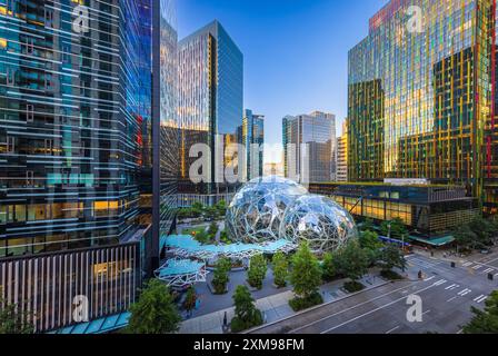 Les sphères amazoniennes sont trois conservatoires sphériques qui composent une partie du campus du siège de l'Amazone à Seattle, Washington, États-Unis. Dessiner Banque D'Images