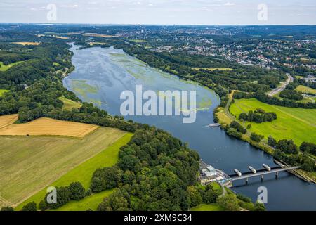 Luftbild, Kemnader Stausee mit Elodea, Wasserpest, Algenblüte, Segelboote und Stand-Up Paddeler, Bochum, Nordrhein-Westfalen, Deutschland ACHTUNGxMINDESTHONORARx60xEURO *** vue aérienne, réservoir de Kemnader avec elodea, eau, fleurs d'algues, voiliers et pagaies debout, Bochum, Rhénanie du Nord-Westphalie, Allemagne Banque D'Images