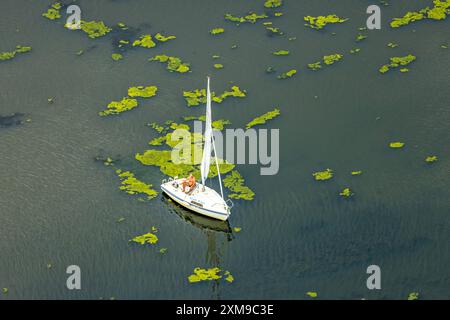 Luftbild, Kemnader Stausee mit Elodea, Wasserpest, Algenblüte, Segelboote und Stand-Up Paddeler, Bochum, Nordrhein-Westfalen, Deutschland ACHTUNGxMINDESTHONORARx60xEURO *** vue aérienne, réservoir de Kemnader avec elodea, eau, fleurs d'algues, voiliers et pagaies debout, Bochum, Rhénanie du Nord-Westphalie, Allemagne Banque D'Images