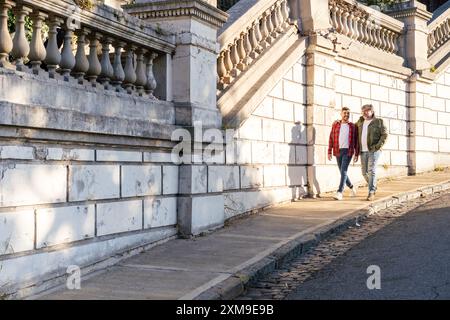 Deux hommes gais affectueux marchant dans la rue. Prise de vue verticale Banque D'Images