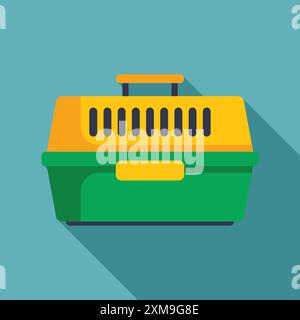 Transporteur en plastique vert et jaune pour animaux de compagnie debout sur un fond bleu Illustration de Vecteur