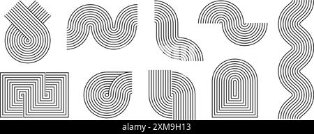 Ensemble de vagues et de formes de style boho linéaire noir. Collection de courbes et d'arches du milieu du siècle. Éléments décoratifs d'arc de ligne pour modèle de conception graphique, affiche, bannière, couverture. Objets zigzag ondulés vectoriels Illustration de Vecteur