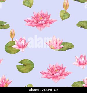 Motif sans couture Lotus fleurs et bourgeons avec feuilles vertes sur fond bleu pour tissus et motifs décoratifs. Banque D'Images