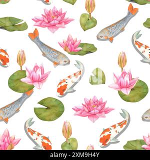 Illustration de carpes koi aquarelle et de fleurs de lotus. Motif naturel sans coutures. Fond oriental asiatique dessiné à la main avec des poissons arc-en-ciel. Banque D'Images