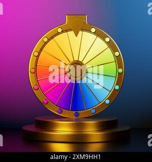 Golden Abstract Fortune Wheel en néon Light sur un fond rose et bleu. Rendu 3D. Banque D'Images