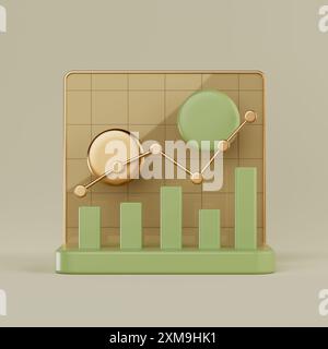 Graphique à barres dorées graphique diagramme Infographie commerciale statistique sur fond jaune. Rendu 3D. Banque D'Images