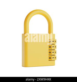 Cadenas à combinaison verrouillée jaune en gros plan dans le style argile sur un fond blanc. Rendu 3D. Banque D'Images