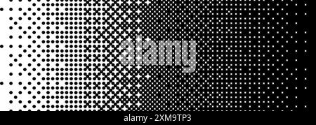 Dégradé de texture bitmap en fondu. Fond de motif de tramage noir et blanc. Motif étincelant pixélisé abstrait. fond d'écran de jeu vidéo 8 bits. Toile de fond rétro Pixel Art en voie de disparition. Demi-teinte vectorielle Illustration de Vecteur