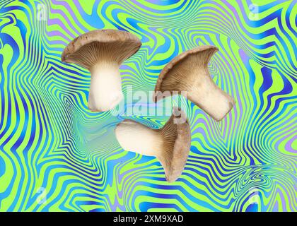 Champignons hallucinogènes dans l'air sur fond abstrait lumineux Banque D'Images