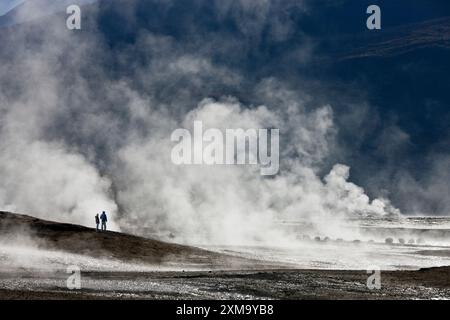 Geysers à vapeur au champ de geyser El Tatio dans le désert d'Atacama, Chili, situé à 4 500 mètres (14 764 pieds) au-dessus du niveau de la mer. El Tatio est le troisième plus grand champ de geyser au monde et le plus grand de l'hémisphère sud. Banque D'Images