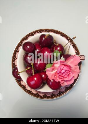 Un bol rempli de cerises rouges et une rose rose posée sur une plaque de céramique rose et brune sur fond blanc Banque D'Images