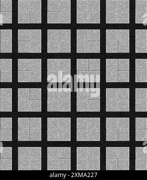 Vue en perspective d'un motif de grille composé de carreaux texturés gris séparés par des lignes noires formant un dessin géométrique symétrique Banque D'Images