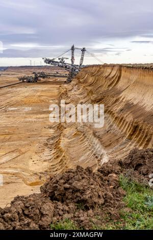 Excavatrice au bord de la mine de lignite à ciel ouvert Garzweiler II, dans le village de Luetzerath, le dernier village à être excavé, dans le district de Banque D'Images