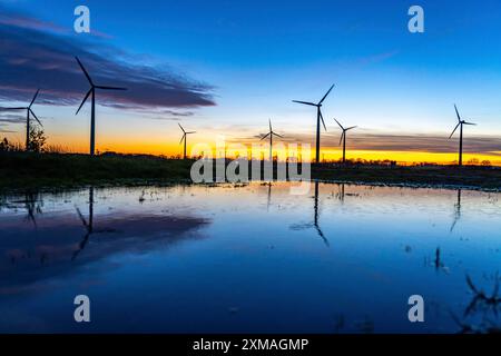 Parc éolien près de Holzweiler, ville d'Erkelenz, éoliennes, flaque d'eau, Rhénanie du Nord-Westphalie, Allemagne Banque D'Images