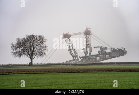 Excavatrice minière à la mine de lignite à ciel ouvert Garzweiler II dans l'ancien village démoli de Luetzerath, sur la route de campagne L12, dans le brouillard Banque D'Images