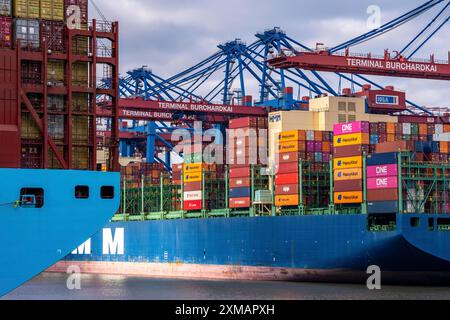 Magleby Maersk container cargo au terminal à conteneurs EUROGATE, Waltershofer Hafen, l'un des plus grands porte-conteneurs au monde, capacité de Banque D'Images