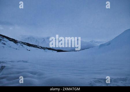 Neige sur le sol avec de la neige soufflant sur les montagnes au loin lors d'une froide journée d'hiver près de Castner Cave en Alaska. Banque D'Images