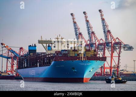 Magleby Maersk container Freighter quitte le port de Waltershof après plusieurs jours au terminal à conteneurs EUROGATE, Hambourg, Allemagne Banque D'Images