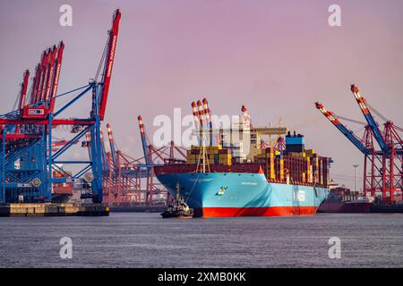 Magleby Maersk container Freighter quitte le port de Waltershof après plusieurs jours au terminal à conteneurs EUROGATE, Hambourg, Allemagne Banque D'Images