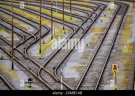 Systèmes de voies ferrées, voies de manœuvre, voies d'évitement, embranchements, gare de triage Muelheim-Styrum, sur la ligne de chemin de fer entre Muelheim an der Ruhr et Banque D'Images