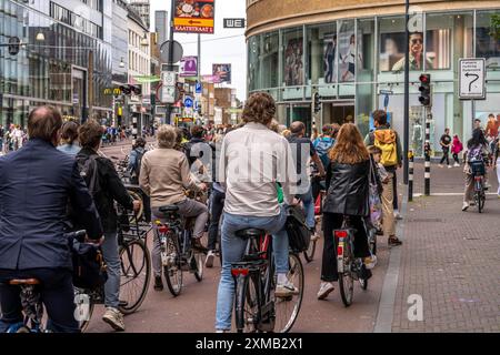 Piste cyclable centrale sur la Lange Viestraat, dans le centre-ville d'Utrecht, les voies pour piétons, cyclistes et voitures sont séparées, attendant à la circulation Banque D'Images