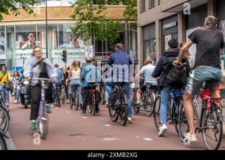 Piste cyclable centrale sur la Lange Viestraat, dans le centre-ville d'Utrecht, les voies pour piétons, cyclistes et voitures sont séparées, attendant à la circulation Banque D'Images