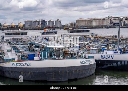 Pétroliers intérieurs en attente de nouvelles cargaisons, dans le port pétrolier, port maritime de Rotterdam, Maasvlakte, Rotterdam pays-Bas Banque D'Images