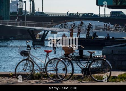 Cyclistes sur le pont cyclable et piétonnier Lille Langebro, derrière lui le pont routier Langebro, sur le port, Copenhague est considéré comme le Banque D'Images