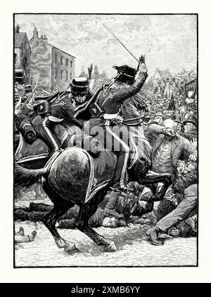 Une ancienne gravure du massacre de Peterloo, Manchester, Lancashire, Angleterre, Royaume-Uni en 1819. Il est tiré d'un livre d'histoire victorienne de c.1900. Le massacre de Peterloo a eu lieu à St Peter's Field, Manchester, le lundi 16 août. Ce fut le plus grand rassemblement politique de gens de la classe ouvrière. Dix-huit personnes meurent et 400 à 700 sont blessées lorsque la cavalerie charge une foule d'environ 60 000 personnes qui s'étaient rassemblées pour réclamer la réforme de la représentation parlementaire. L'Union patriotique de Manchester a organisé le rassemblement de masse, adressé par Henry Hunt. Le 15e hussards reçut l'ordre de disperser la foule. Banque D'Images