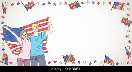Jeunes couples femme américaine et homme tiennent le drapeau de l'amérique sur fond avec l'espace de copie. Style de dessin animé. Illustration de Vecteur