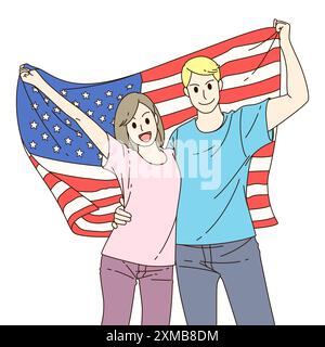 Jeunes couples femme américaine et homme tiennent le drapeau de l'amérique sur fond blanc isolé. Style de dessin animé. Illustration de Vecteur