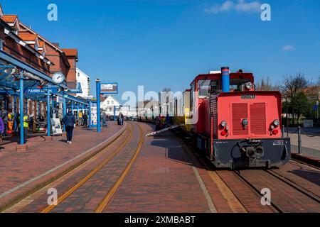 Borkumer Kleinbahn, chemin de fer insulaire, relie le port de ferry avec la gare de l'île, île de Borkum en mer du Nord, basse-Saxe, Allemagne Banque D'Images