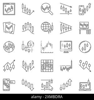 Ensemble d'icônes de contour de graphique de chandelier - symboles vectoriels linéaires Crypto Trading et investissement. Signes japonais de concept de bougie Illustration de Vecteur