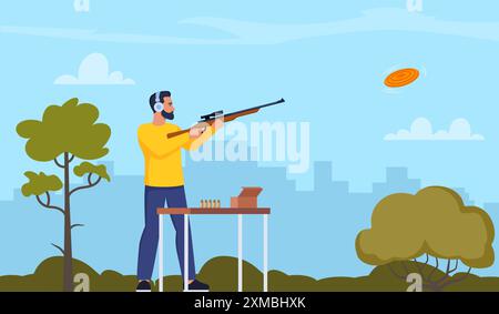 Homme au fusil de chasse pratiquant le tir au pigeon d'argile. Illustration vectorielle pour la conception web et mobile Illustration de Vecteur