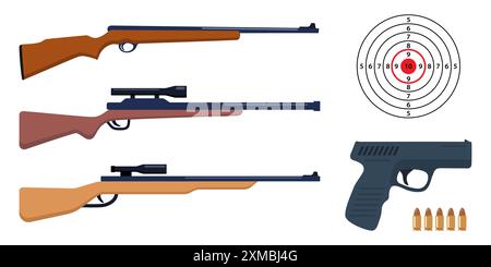Collection de fusil. Cible en papier de champ de tir avec divisions, marques et chiffres. Pistolet et balles. Armes légères. Illustration vectorielle Illustration de Vecteur