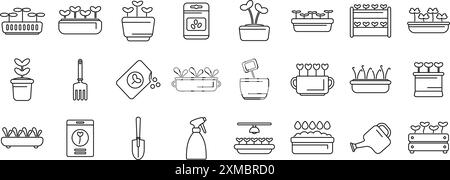 Jeu d'icônes microgreens de croissance. Jardinier prenant soin des plantes en utilisant des outils de jardinage et des icônes de ligne d'équipement définies pour les applications et la conception de sites Web Illustration de Vecteur