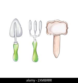 Ensemble d'outils de jardin romantiques à l'aquarelle clipart, inventaire pour jardinier. Pelle et râteau. Esquisse printanière pour la conception. Banque D'Images