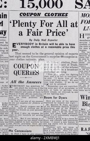 "Beaucoup pour tous à un juste prix" titre sur la première page du Daily mail (réplique), 2 juin 1941. Banque D'Images