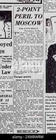 Titre '2-point Peril to Moscow' sur la première page du Daily mail (réplique) 22 novembre 1941 à propos de la radio allemande faisant état de 2 attaques de front.. Banque D'Images