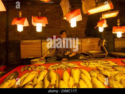 Lampes au-dessus de poissons frais dans le marché aux poissons, Dhaka Division, Dhaka, Bangladesh Banque D'Images