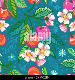 Vecteur dessiné à la main motif sans couture d'été de branches de cerise avec des fruits, des fleurs et des feuilles. Croquis illustrations de fruits brillants pour le tissu ou Illustration de Vecteur