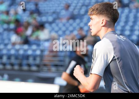 Seattle, États-Unis. 26 juillet 2024. Le milieu de terrain des Seattle Sounders FC Reed Baker-Whiting (21 ans) se réchauffe avant un match de la Coupe des ligues contre le Minnesota United au Lumen Field à Seattle, Washington, le 26 juillet 2024. (Crédit photo Nate Koppelman/Sipa USA) crédit : Sipa USA/Alamy Live News Banque D'Images