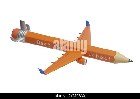 Avion en forme de crayon avec le texte 'retour à l'école' isolé sur fond blanc. illustration 3d. Banque D'Images