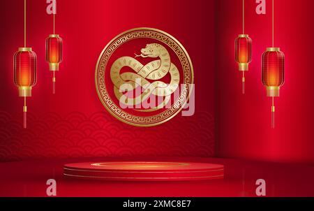 3d Podium scène ronde pour bonne année chinoise 2024 signe du zodiaque Dragon, sur fond de couleur (Traduction chinoise : bonne année 2024, année du Drago Illustration de Vecteur