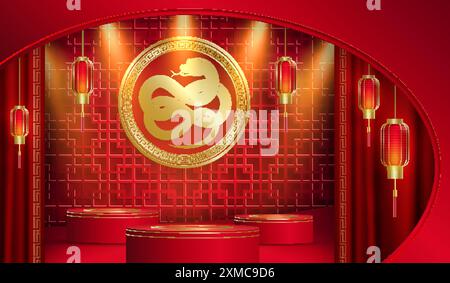 3d Podium scène ronde pour bonne année chinoise 2024 signe du zodiaque Dragon, sur fond de couleur (Traduction chinoise : bonne année 2024, année du Drago Illustration de Vecteur