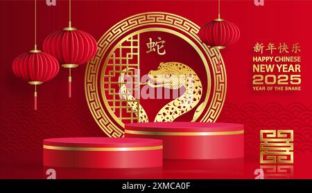 3d Podium scène ronde pour bonne année chinoise 2024 signe du zodiaque Dragon, sur fond de couleur (Traduction chinoise : bonne année 2024, année du Drago Illustration de Vecteur