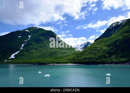 Mini bergs de glace et les montagnes de la baie de Yakutat, Alaska Banque D'Images