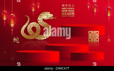 3d Podium scène ronde pour bonne année chinoise 2024 signe du zodiaque Dragon, sur fond de couleur (Traduction chinoise : bonne année 2024, année du Drago Illustration de Vecteur