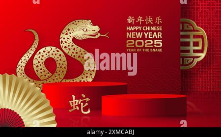 3d Podium scène ronde pour bonne année chinoise 2024 signe du zodiaque Dragon, sur fond de couleur (Traduction chinoise : bonne année 2024, année du Drago Illustration de Vecteur